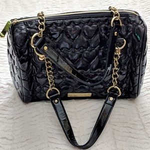 Betsey Johnson Black Hearts Quilted Purse Shiny Medium Size Shoulder Bag Chain